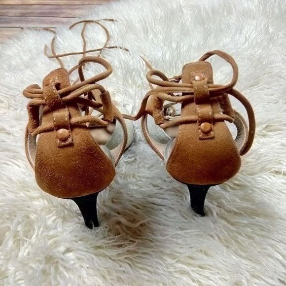 Proenza Schouler | Beige & Camel Suede Ankle Tie Wrapped Caged Heeled Sandals - Picture 5 of 8